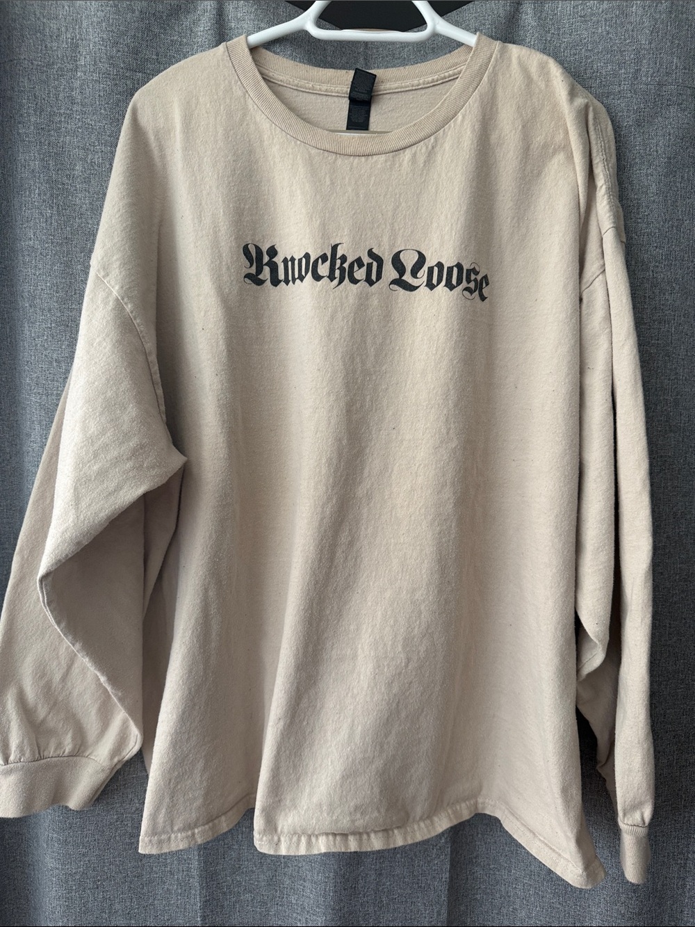 Gildan Beige Long Sleeve Tee with Black 'Knocked Loose' Chest Print
